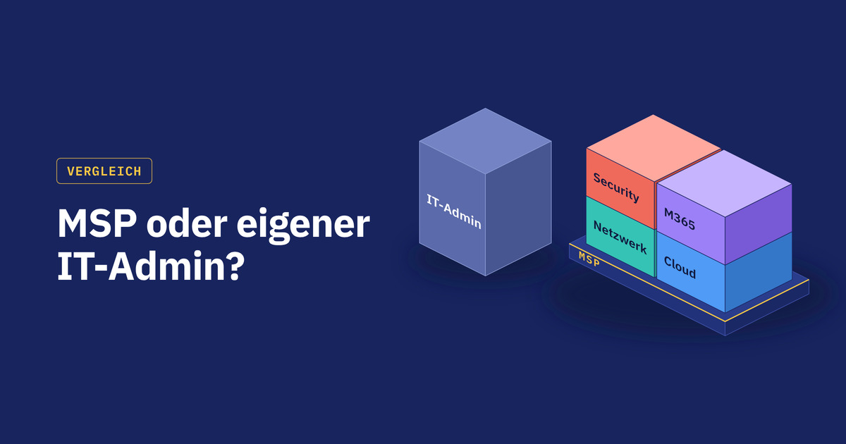 Isometrischer Vergleich: ein einzelner IT-Admin gegenüber einem MSP, der Security, Netzwerk, M365 und Cloud trägt